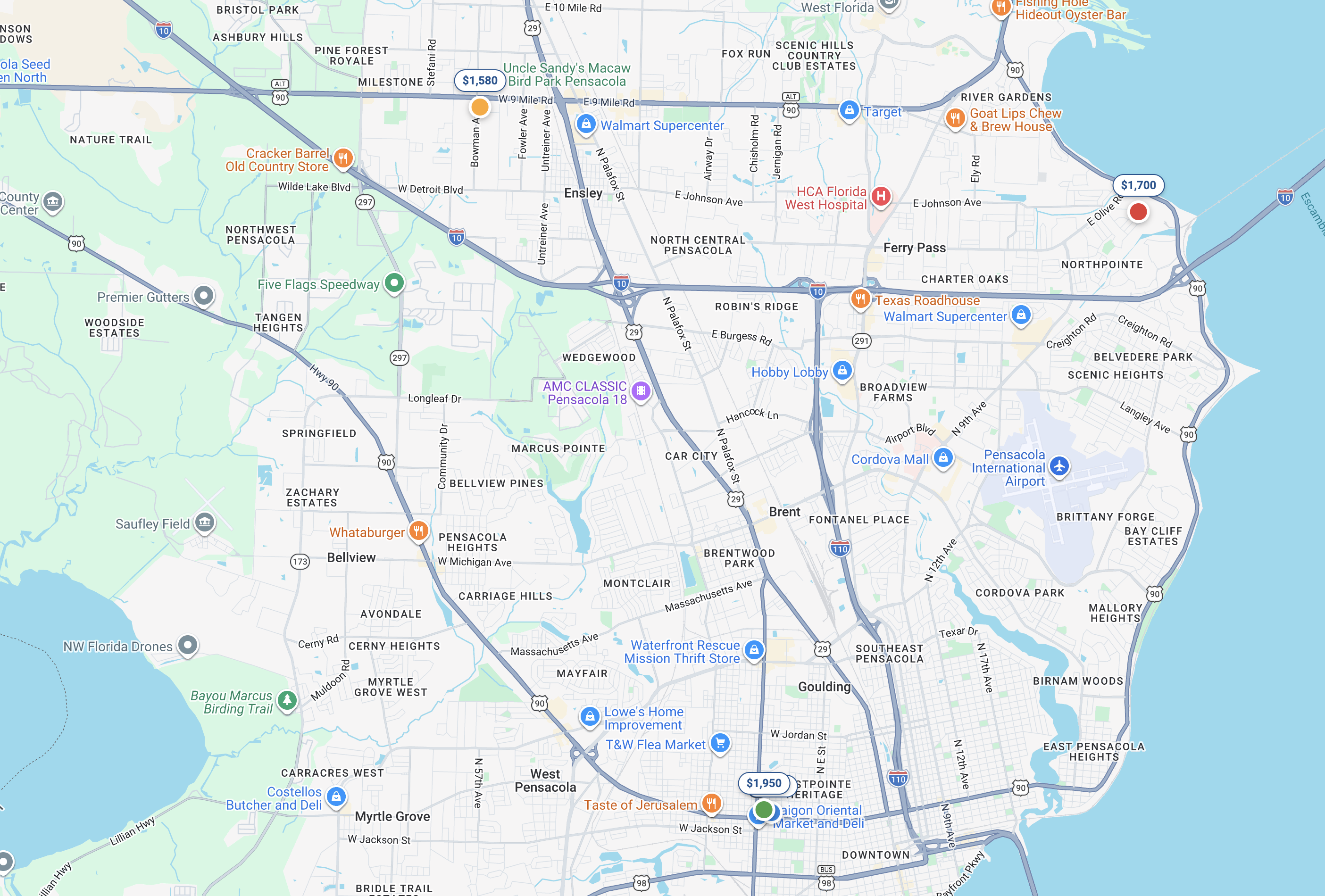 Map of property locations in Pensacola, FL