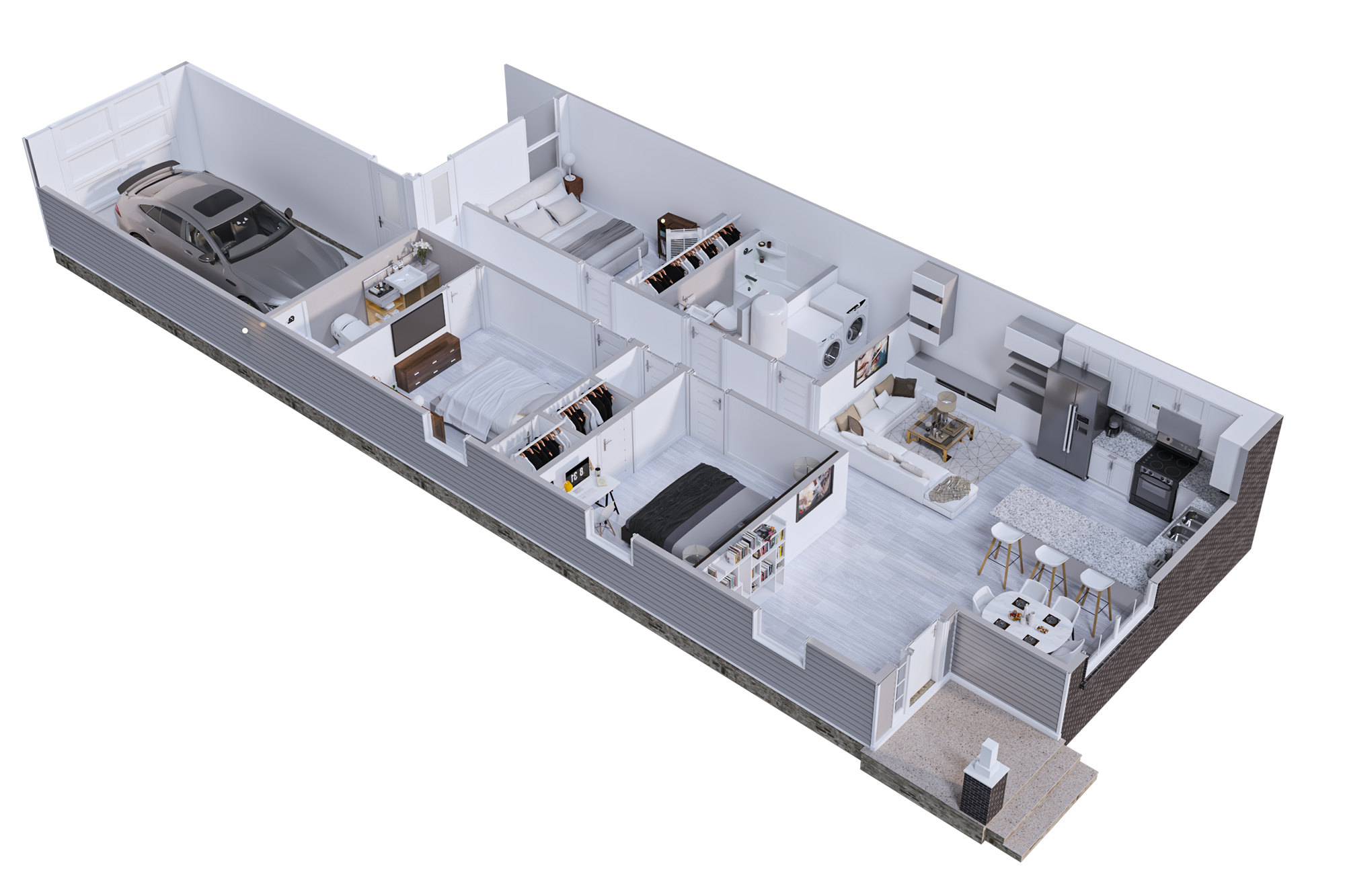 Floor plan of a three-bedroom, two-bath home at Downtown Palmera Furnished Apartments, showing the open living and dining area opening onto the shared backyard.