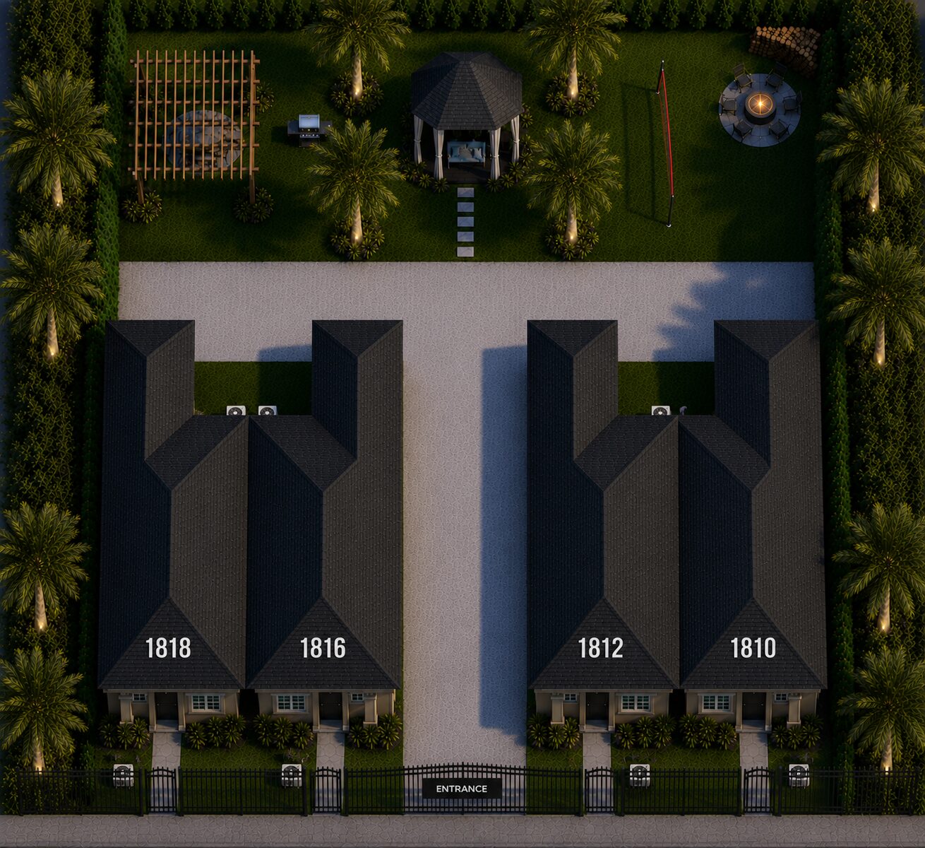 Aerial site plan of Downtown Palmera: four three-bedroom homes numbered 1818, 1816, 1812 and 1810 facing a central paved drive, behind a gated entrance, with a shared rear garden containing a gazebo, pergola, grills, fire pit and volleyball net, framed by palm trees.
