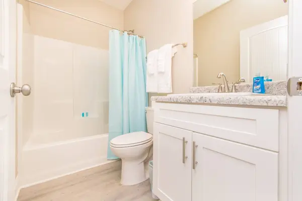 Bathroom with a shower over the bath