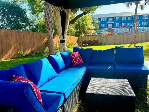 Outdoor sofa seating under the gazebo