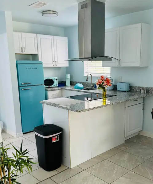 Kitchen with a retro mint fridge and a range hood