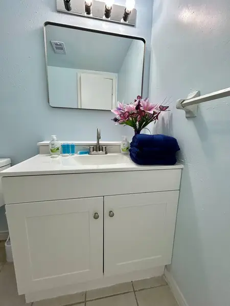 Bathroom with a vanity and large mirror
