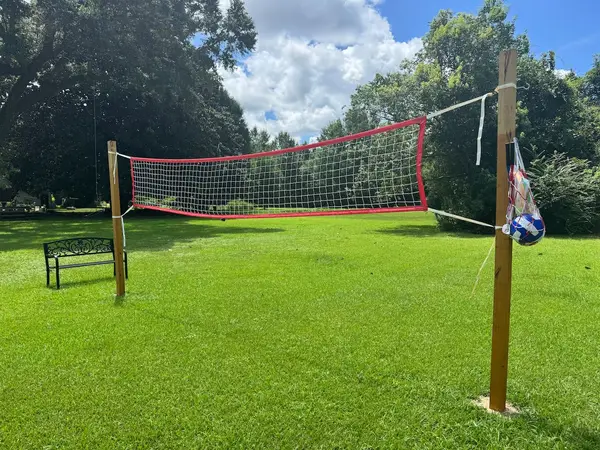 Volleyball net on the shared lawn