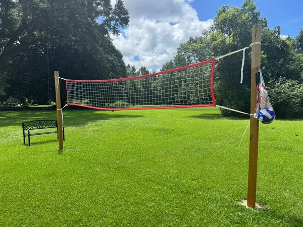 Volleyball net on the shared lawn