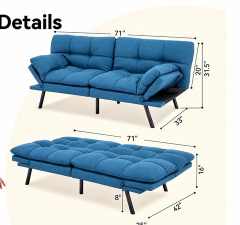 Sofa bed dimensions, shown as a sofa and laid flat