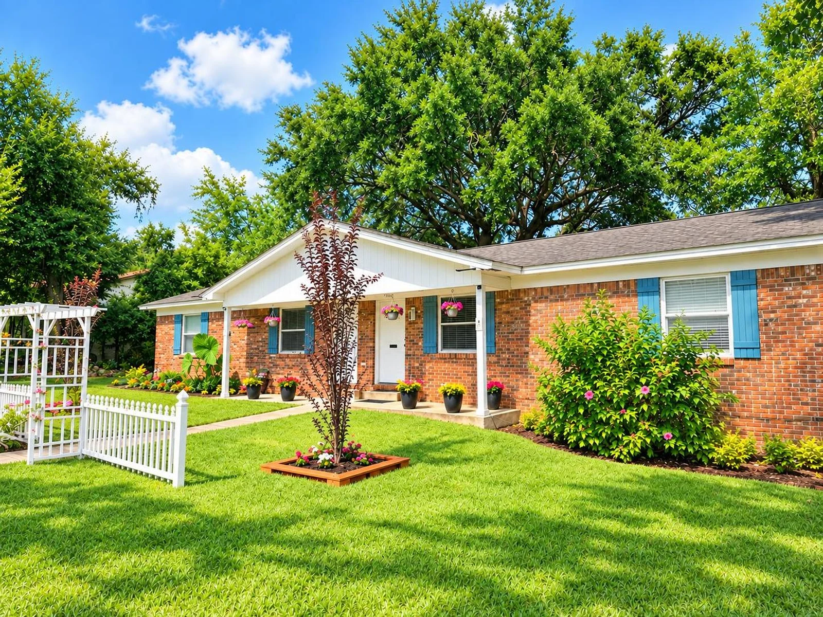 Front of the brick duplex with a white arbor, picket fence and landscaped lawn