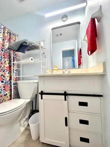 Bathroom vanity with a large mirror