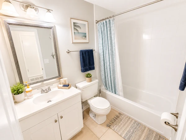 Bathroom with a tub-shower, vanity and framed mirror