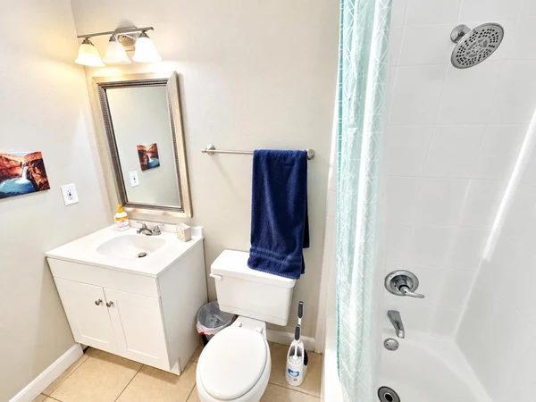 Bathroom with a vanity, toilet, rain showerhead and tub